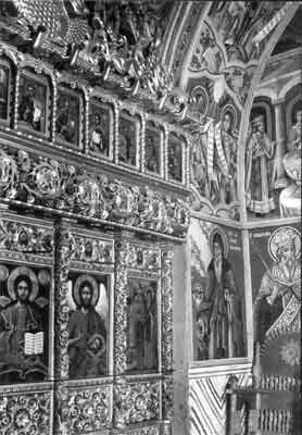 Wood-carved gold-plated iconostasis St. Sava and St. Simeon in the Rila Monastery, 19th cen.