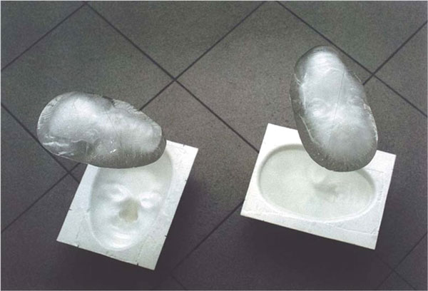 Nadezhda Lyachova, An Attempt at Capturing the Essence. Ice cast from the authors face melting back in the mould from which they have been cast. ATA Center for Contemporary Art, Sofia, 1999