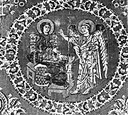 БЛАГОВЕЩЕНИЕ - древен копринен покров, датиращ от VІІ-VІІI век, съхраняван в съкровищницата на катедралата в Лион, с изображение на Благовещение и Рождество Христово