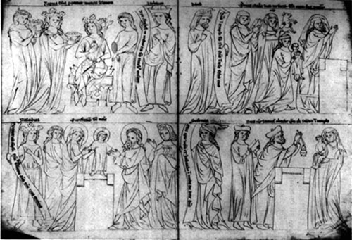 Fig. 3. Biblia pauperum, shortly after 1358, fol. 3v.-4r. Vienna, Nationalbibliothek, cod. 370