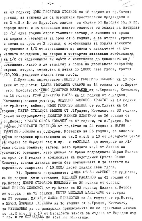 Една от присъдите на Втори състав на т.нар. Народен съд в град Сливен, заседаващ в Котел и председателстван от Пепо Менахем Коен, с дата 26 март 1945 
(ЦДА-12, Ф. 1449, оп. 1, а.е. 1417) (стр. 5)