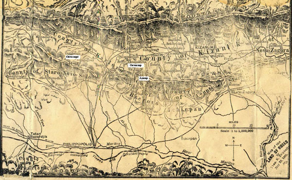 Карта на Розовата долина с център Казанлък от 29 май 1893 г. Изд. от Тео К. Шипков. Формат: 4,8 х 7,4 инча