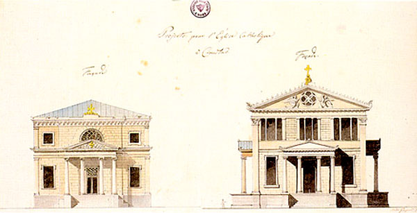 Гаспаре Фосати, католическата църква в Кронщад: два варианта на централната фасада, 1835, рисунка с перо и акварел, 24 х 53 см