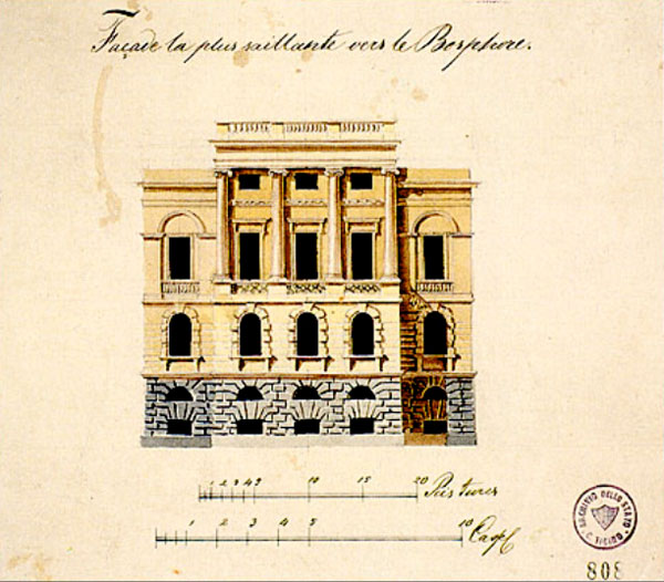 Гаспаре Фосати, Руското посолство в Константинопол, детайли от фасадата, 1838-1849, рисунка с молив и акварел, 21 х 20,7 см