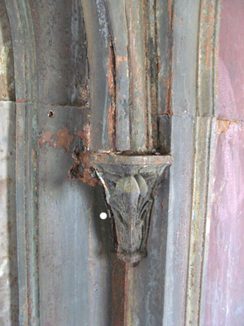 Fig. 21. Severely damaged details in the interior of the church, with a highly-developed corrosion attack causing loss of material