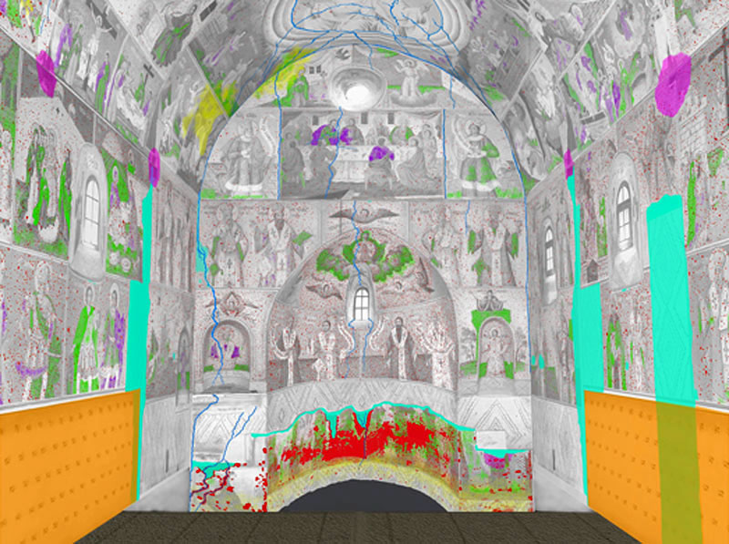 Фиг. 7. VR-панорама с топография на характерните реставрационни проблеми. 3D модел