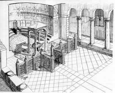 Графична реконструкция на олтара на раннохристиянска трикорабна базилика на хълма Царевец във Велико Търново, датираща от началото на VІ в. Автор на реконструкцията Н. Ангелов
