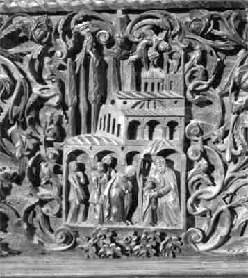 Детайл от подиконните табли на иконостаса в храма “Успение на Пресвета Богородица” в Пазарджик. Сцена “Въведение на Богородица в храма”